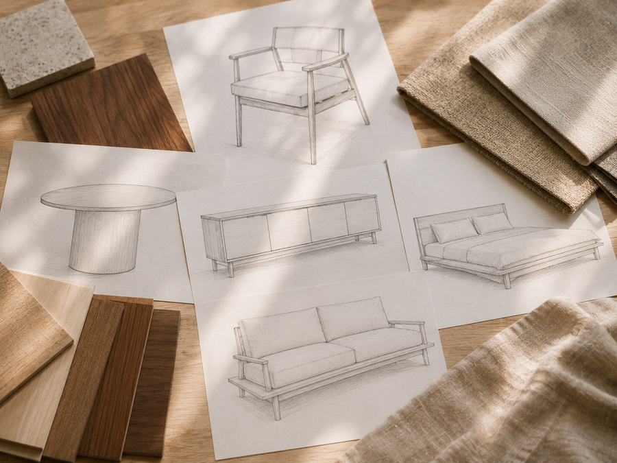 Furniture design drawings with wood and fabric samples